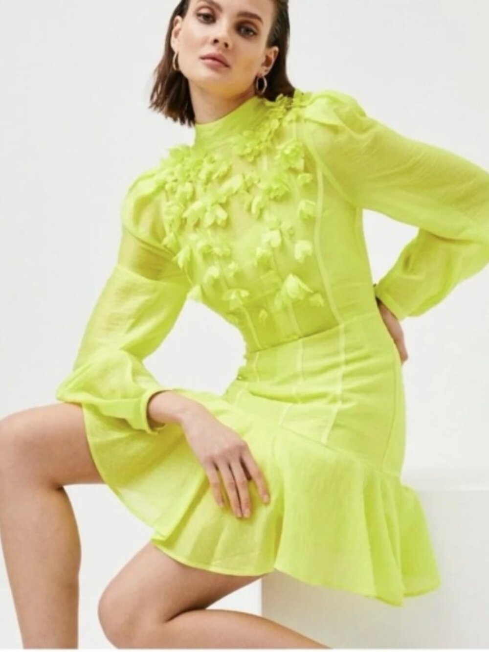 Karen Millen Chartreuse applique balloon sleeves dress size 2